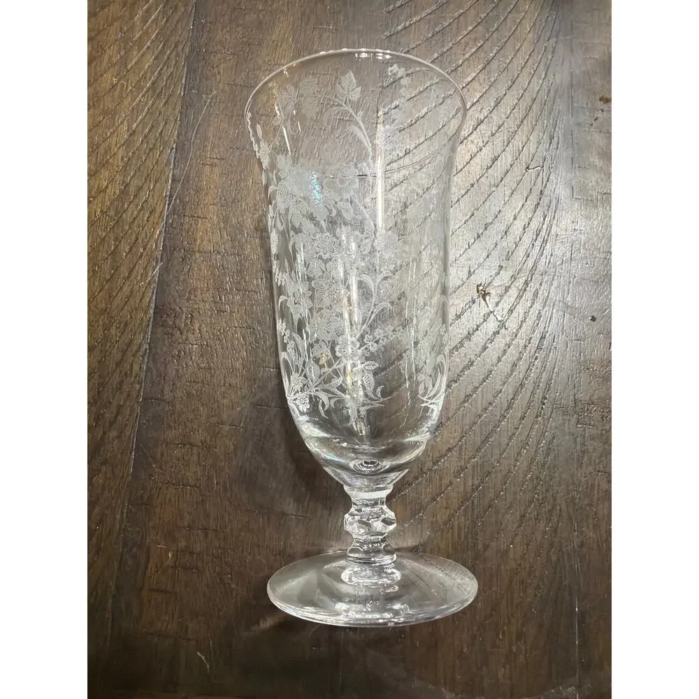 Set of 6 Vintage Etched Floral Wine Glasses Clear Stemware Elegant Barware